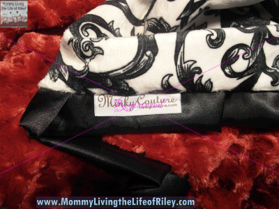 Minky Couture Brooke Black and White Minky Baroque Minky with Red Minky Swirl Blanket